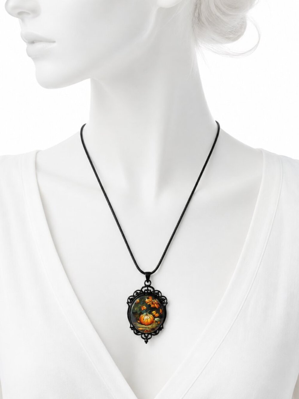 Fall Pumpkin Pendant Necklace Ornate Filigree Autumn Jewelry